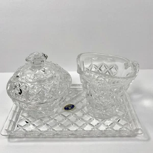 BÖHMISCH TSCHECHISCH KRISTALL ZUCKER & CREMER SET MIT TABLETT DIAMANTMUSTER VINTAGE NEU - Bild 1 von 5