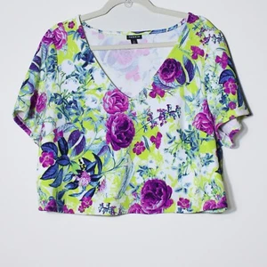 Torrid Womens Textured Floral Cropped Top Purple Neon Green Size 2 2X - Picture 1 of 6
