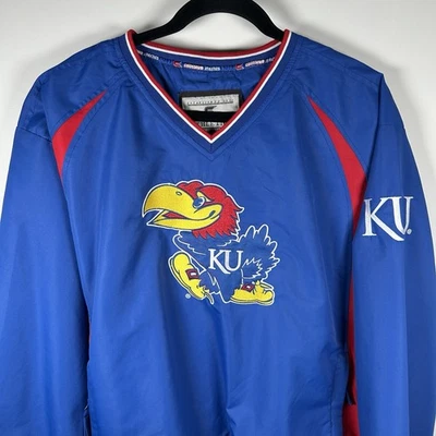 Chaqueta Pullover Rompevientos De Colección Coliseo Atletismo Kansas Jayhawks KU Hombres L Azul Foto 1 de 4