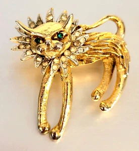 Vintage wilde grünäugige Löwe Katze Brosche Anstecknadel Mähne mit Strass G.T. ~Markenlos - Bild 1 von 23