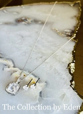 Macys 项链和耳环-银色方形光环水晶吊坠带圆形耳钉 — 第 1/4 张图片