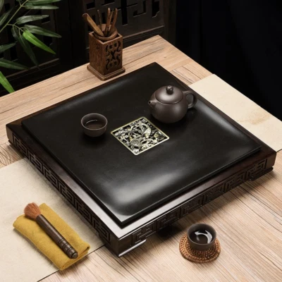 Luxury Gong fu Tea Tray Black Ebony Wood+Ujin Stone Tea Tray Water Drain 42*42cm - Image 1 of 4