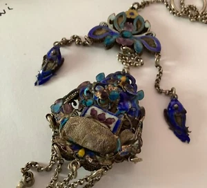 ANTIQUE QING  CHINESE ENAMEL STERLING FRAGRANCE WAIST HANGING NECKLACE PENDANT - Picture 1 of 11