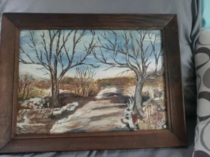Vintage Holz Bilderrahmen mit Landschaft Ölgemälde auf Karton - Bild 1 von 3