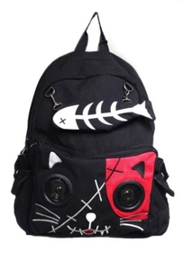 BANNED Apparel Cat Fish bone Speaker Gothic Kitty Canvas Black Red Backpack Bag - Picture 1 of 1