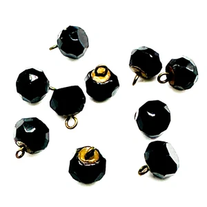 10 VINTAGE - ANTIQUE 1cm JET BLACK FACETED GLASS BUTTONS hanging BEADS hand cut? - Picture 1 of 9