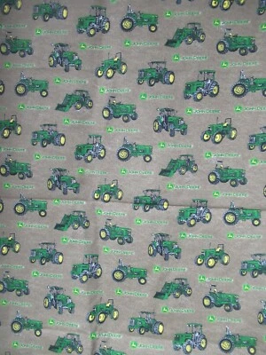 John Deere  DAISY KINGDOM Tractors On Denim Khaki Cotton Fabric  VTG  RARE  34"X - Image 1 of 4