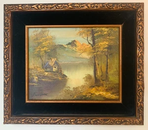ORIGINAL OIL PAINTING signed G WHITMAN cabin landscape mountains 14" x 12" - Picture 1 of 22