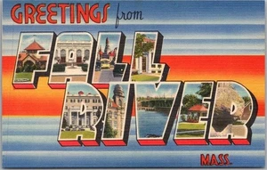 c1940s FALL RIVER Massachusetts Large Letter Postcard / Colorful TICHNOR Linen - Bild 1 von 2