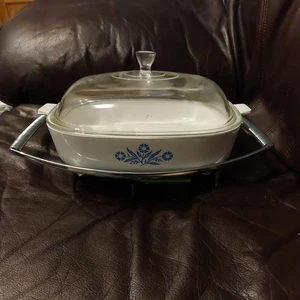 Large 11" Corning Ware Sq Blue Cornflower w/ Clear lid and Chrome Trivet P-16-B - Picture 1 of 15