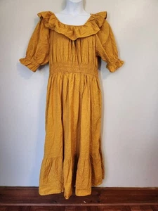 Maxi Vestido Universal Hilo Amarillo Mostaza Volantes Hippie Boho Cottagecore 2X XXL - Imagen 1 de 7