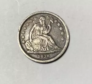 Moneda de diez centavos libertad sentada 1838 sin cortinas original XF Major Die Break - Imagen 1 de 4