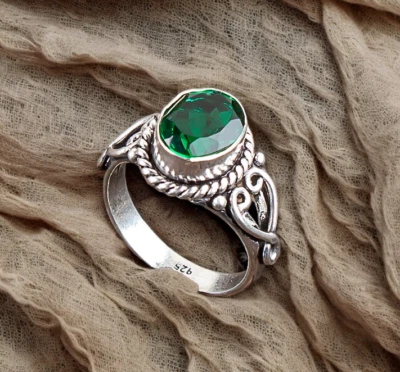 Lab Created Emerald Gemstone 925 Sterling Silver Ring Handmade Jewelry Ring Gift - Image 1 of 3