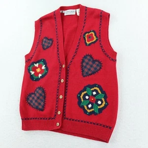 VTG Jantzen Sweater Vest Women's Large Petite Red Embroidered Cardigan Grandma - Picture 1 of 8