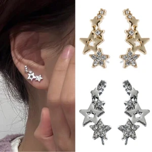 Silver Gold Rhinestone Star Stud Earrings Women White Jewelry Wedding Party Gift - Picture 1 of 15