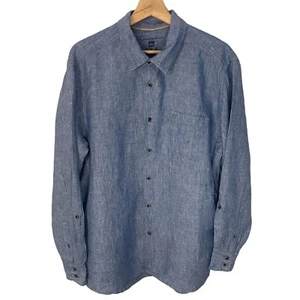 Quiksilver 100% Linen Chambray Shirt Men L Blue Lightweight Long Sleeve Logo - Picture 1 of 10