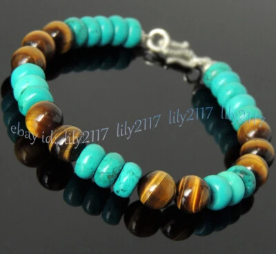 8mm Yellow Tiger's Eye Round Beads &5x8mm Blue Turquoise Gemstone Bracelet 7.5'' - Image 1 of 4