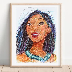 Pocahontas Ballpoint Pen Print, Disney Art Poster - Picture 1 of 3