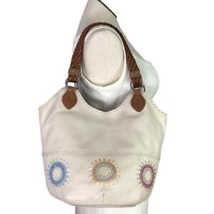 The Sak Indio Leather Embroidered Starburst Satchel Bag Stone Cream 109273 NEW
