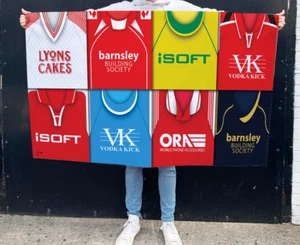 Barnsley Retro Shirt Montage Football Flag 5ftx3ft Man Cave Great Gift - Picture 1 of 1