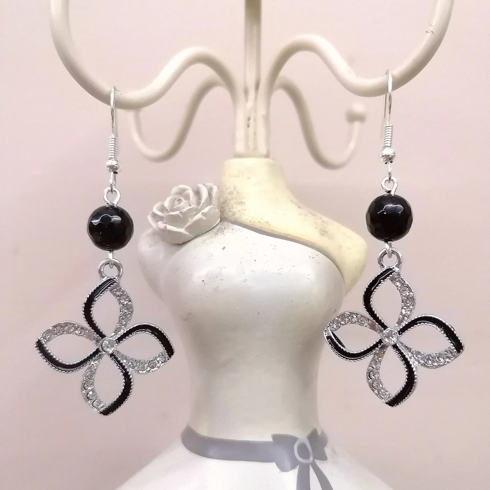 Orecchini Argento 925 Onice Nero E Cristalli  - Immagine 1 di 1