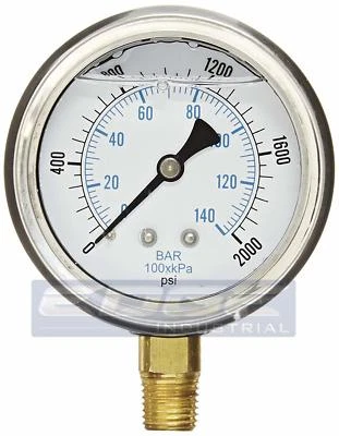 LIQUID FILLED PRESSURE GAUGE 0-2,000 PSI 2.5" FACE, 1/4" NPT LOWER MOUNT WOG - Image 1 of 4