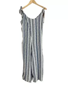 Made In Italy Cotton Jumpsuit Size 10-12 Cropped Wide Leg Thin Tie Straps Stripe - Picture 1 of 6