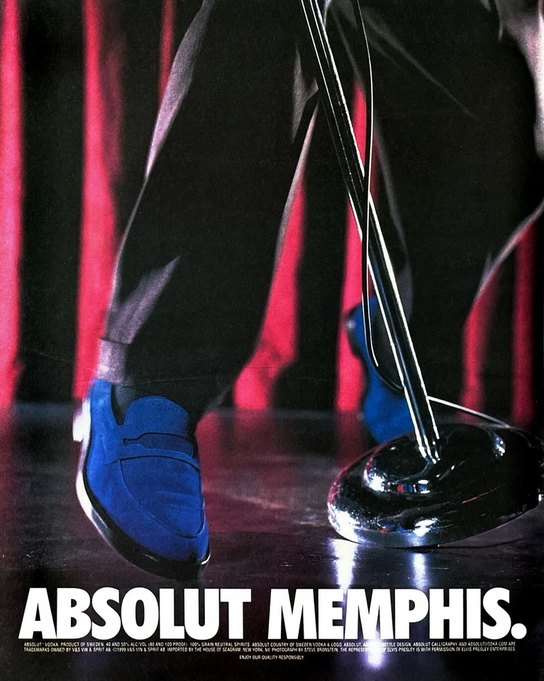 1999 ELVIS ABSOLUT VODKA Vintage Print Ad Memphis Blue Suede Shoes - Image 1 of 1