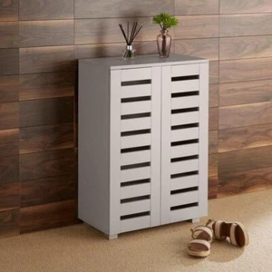 2 Door Shoe Storage Cabinet Grey Wooden Rack Stand Cupboard Slatted Doors Oslo - Picture 1 of 6