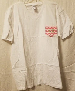 Delta Zeta -Sorority White with Pink Pocket Lettered v-neck t-shirt: Size XL - Picture 1 of 2