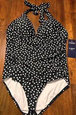 Nuevo Traje de Baño CHAPS Adelgazante Calce Negro/Blanco Lunares Halter Una Pieza Talla 16 Foto 1 de 2