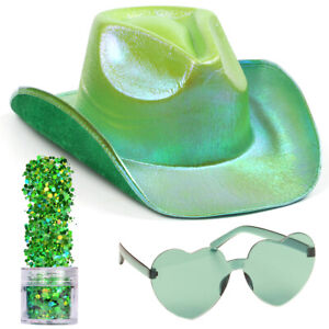 Funcredible Holographic Green Space Cowgirl Hat  Neon Sparkly Cowboy Hat,Glasses