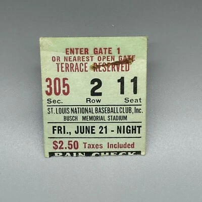 JUNE 21, 1968 HANK AARON HR #494/755 ROGER MARIS PH LOU BROCK TICKET STUB - Image 1 of 2