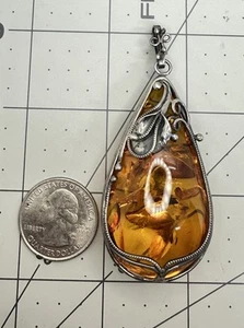 Big NOS Sterling Silver Natural Baltic Amber Handcrafted Organic Pendant - Picture 1 of 11