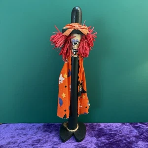Wood Witch Halloween Decoration Kitschy Cute Handpainted Primitive Figurine 13” - Picture 1 of 5