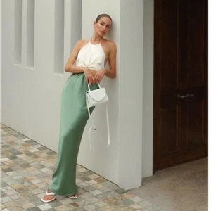 NWT Bec + Bridge Carrie Halter Satin Cut Out Cream Green Maxi Dress US 10 - Picture 1 of 11