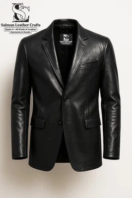Men's Black Genuine Leather Blazer Jacket – Slim Fit, Two Button, Formal &Casual - Image 1 of 4