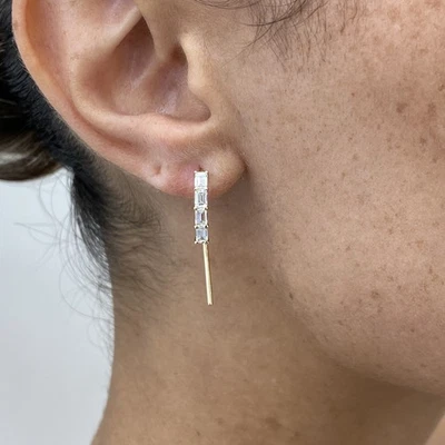 14K Yellow Gold Threader Earrings 0.96ct Emerald Lab-Created Diamond F/VS - Image 1 of 4