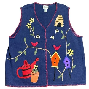 Quacker Factory Sweater Vest Spring Flowers Cottagecore Bumblebee Birds Plus 3X - Picture 1 of 10