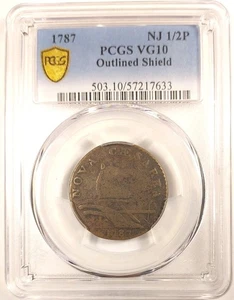 Pop 1 Of 11 PCGS Graded VG10, 1787 Outlined Shield New Jersey 1/2P - Picture 1 of 8