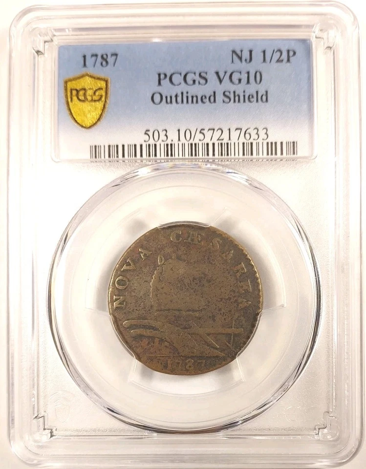Pop 1 Of 11 PCGS Graded VG10, 1787 Outlined Shield New Jersey 1/2P - Image 1 of 4