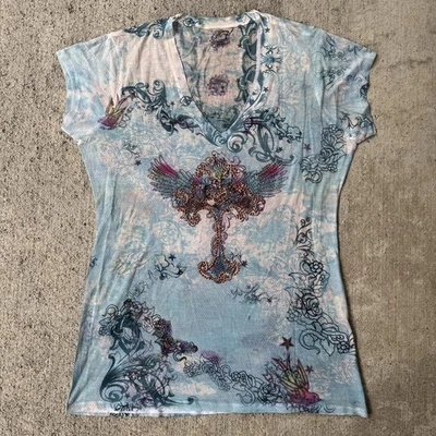 Camiseta De Colección Y2K Guess Cruz Cuello en V Top Estrás Alas de Ángel Punk Talla XL Foto 1 de 4