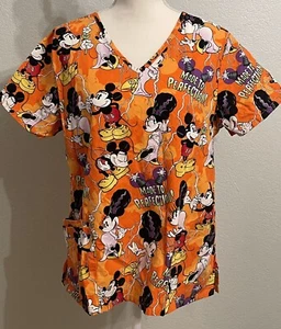 Disney Mickey Minnie Mouse HALLOWEEN Womens Scrub Top M Cotton Pockets - Picture 1 of 4