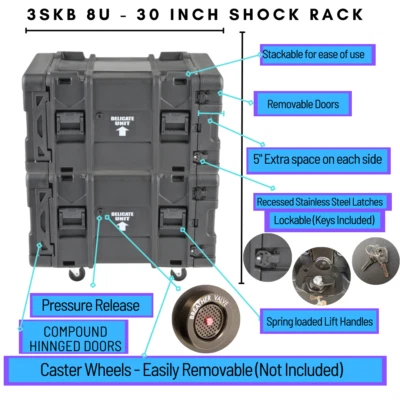 SKB 30" Deep 8U Stackable Shock Rack Case Waterproof Audio/Server/Crypto Mining