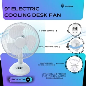 9 Inch 25W Air Cooling Oscillating Table Desk Fan Home Office 2 Speed White Fan - Picture 1 of 13