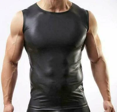 Men's Black Leather Sports Muscles TankTop Sleeveless Vest Fitted Fetish Shirt  - Image 1 of 3