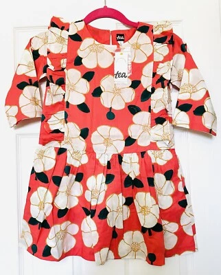 Vestido Tea Collection Nuevo con Etiquetas Manga Volantes Pintado Peonías Naranja Talla 7 Foto 1 de 4