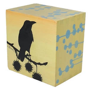Jayne Akison Original Box Painting Black Bird Crow Sweetgum Branch Ohio 4.5"H - Picture 1 of 24