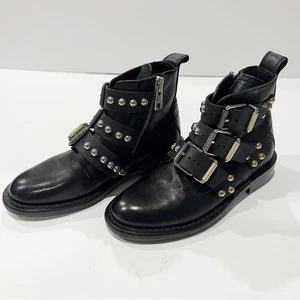 Zadig Voltaire Laureen Buckle Leather Studded Ankle Boot Black Size 36 US 5 - Picture 1 of 11