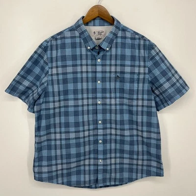 Camisa Penguin Manga Corta Botón Para Hombre Talla 2XL Azul Estampado a Cuadros Bolsillo Logo Foto 1 de 4